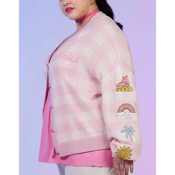 Hot Topic Plus Size 3 Barbie Doll Pink Plaid Embroidered Cardigan Sweater 3X New - Picture 6 of 6